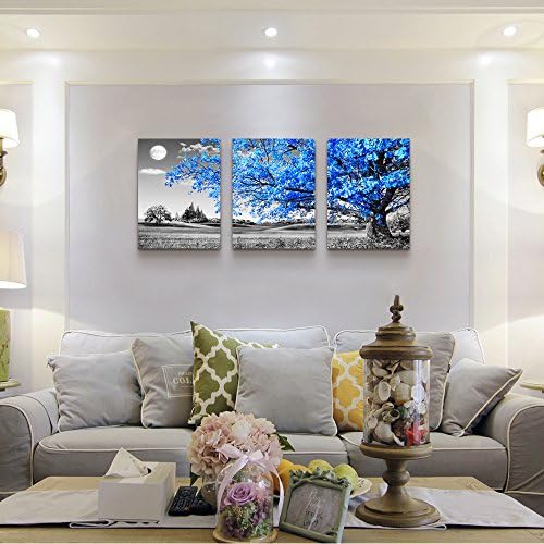 Wall Art For Living Room Black And White Blue Tree Moon Canvas Wall Decor For - Image 4