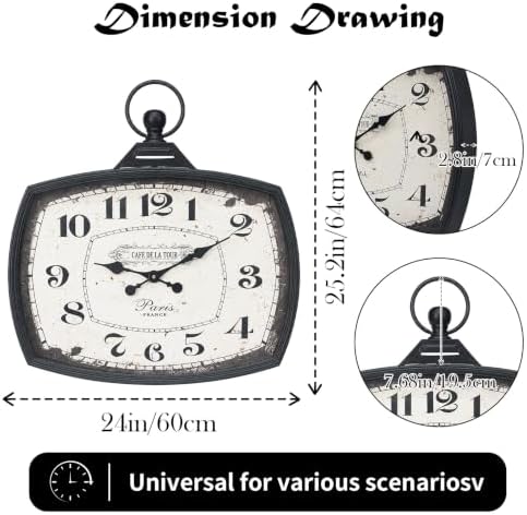 Large Farmhouse Wall Clock, Vintage Metal Rectangle Silent Battery Operated - Image 2