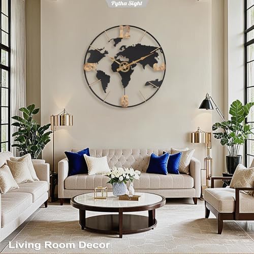 Pytha Sight 24 Inch Large World Map Vintage Gold Arabic Numerals Wall Clock - Image 6