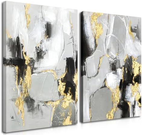 Framed Abstract Black Gold Wall Art Set of 2, Modern Black White Gold Canvas by Unknown