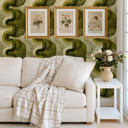 Olive Green Abstract Peel and Stick Wallpaper, Mid Century Modern Geometric - Image 6