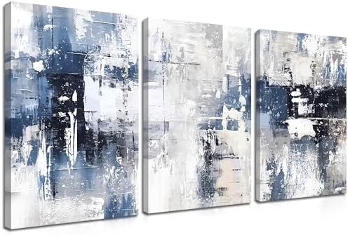 Abstract Blue and White Wall Art Set of 3, Modern Simple Navy Framed Canvas by Unknown