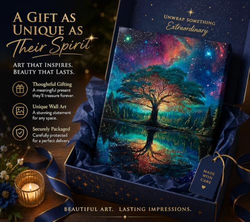 Framed Canvas Tree of Life Wall Art, Vibrant Galaxy Tree Lake Reflection Poster - Image 5