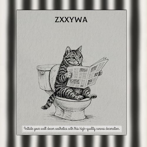 Framed Vintage Bathroom Cat Canvas Wall Art, Funny Black Sketch Cat Reading - Image 3
