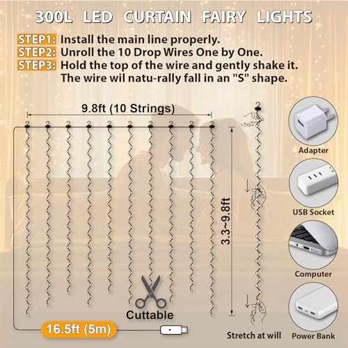 HXWEIYE 2 Pack 300LED Fairy Curtain Lights, 9.8x9.8Ft USB - Image 5