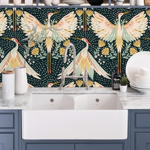 HAOKHOME Crane Wallpaper Peel Stick Boho Bird Chinoiserie 17.3in x 32.8ft - Image 3