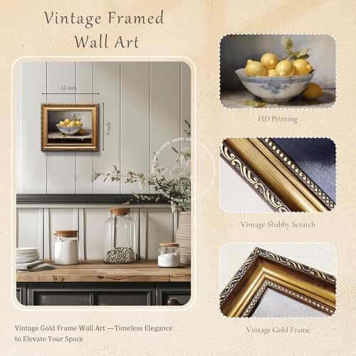 uniro Vintage Gold Framed Wall Art, Vintage Lemons Still Life Canvas Art Prints - Image 3