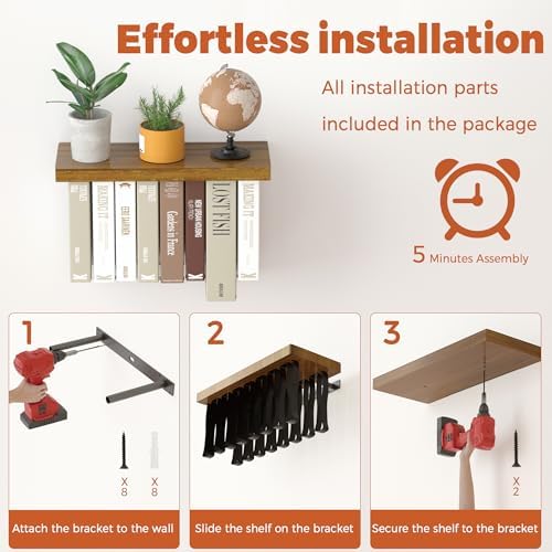 Floating Book Shelves for Wall Set of 2, Unique Wood Hanging Bookshelf - Image 3