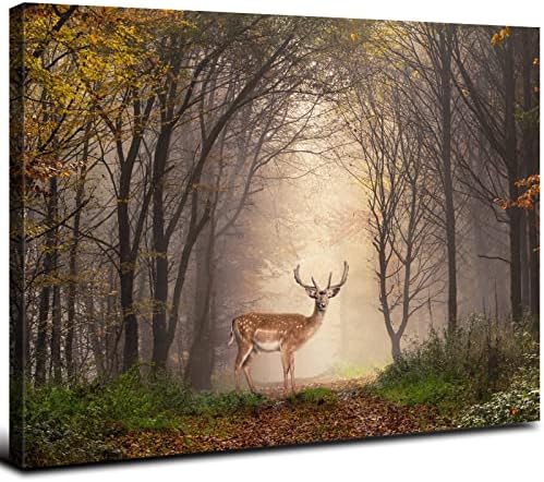 Wild Animal Landscape Canvas Wall Art Deer in Autumn Foggy Forest Picture Wall by AREBOLOLLC