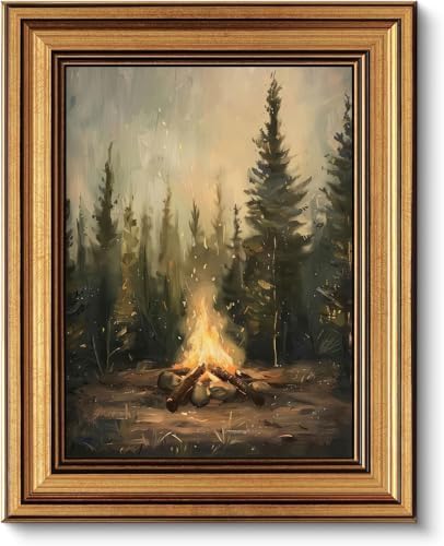 Gold Framed Wall Art, Rustic Campfire Canvas Prints, Vintage Forest Camping by YDNAKLX