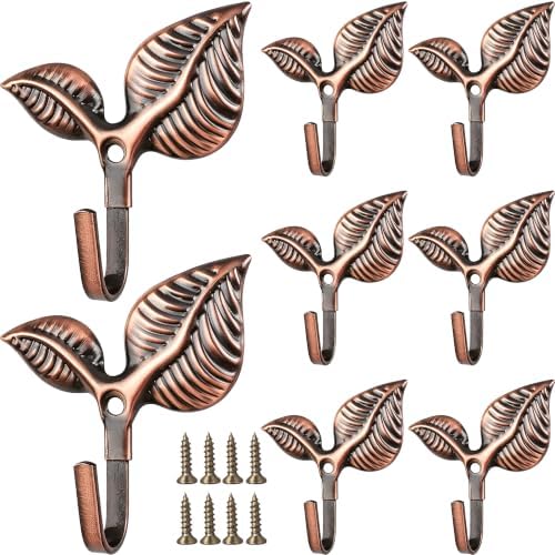 Set of 8 Vintage Leaf Wall Hooks Red Bronze Metal Coat Hooks Heavy Duty by Unknown