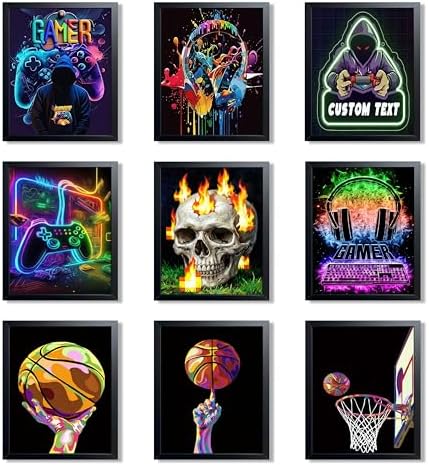 Neon Gamer and Basketball Wall Art Set of 9, Cool Gaming Headset Skull by Unknown