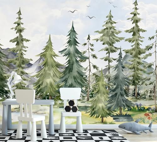 PYFFYP-Watercolor Cartoon Forest Pine Tree Peel and Stick Wallpaper Mural by PYFFYP