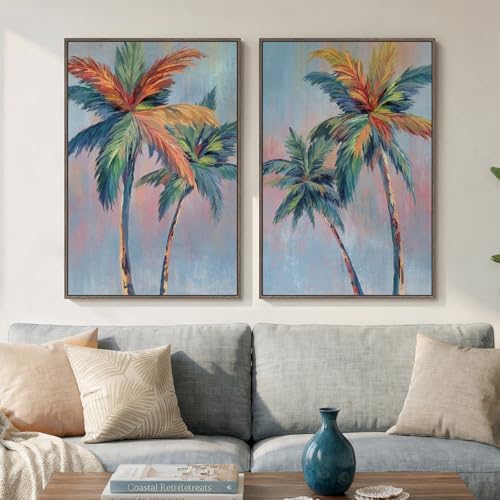 Framed Coastal Colorful Palm Tree Set of 2 Large Wall Art Bedroom, 20x30 In - Image 4