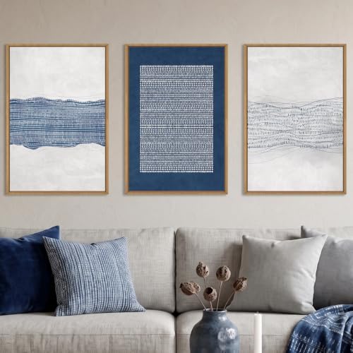 Aryroi Navy Blue and White Abstract Framed Canvas Wall Art Set- 16"x24"x3 by Aryroi