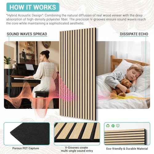 V-Groove Wood Slat Acoustic Panels, 62.4 Sq Ft Self-Adhesive Soundproof Wall - Image 3