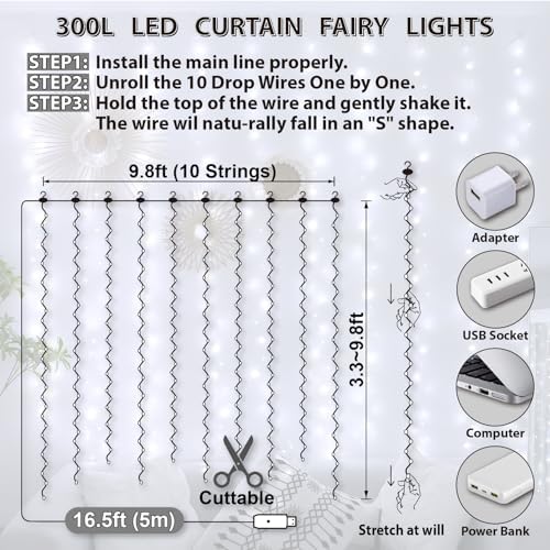 HXWEIYE 300LED Fairy Curtain Lights, 9.8x9.8Ft USB, 8 Modes & Timer - Image 5