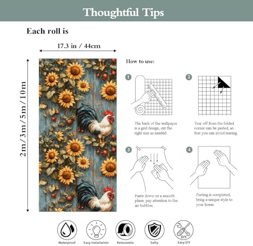 Removable Wallpaper Sunflowers Rooster Peel and Stick Mural Wood Vintage - Image 7