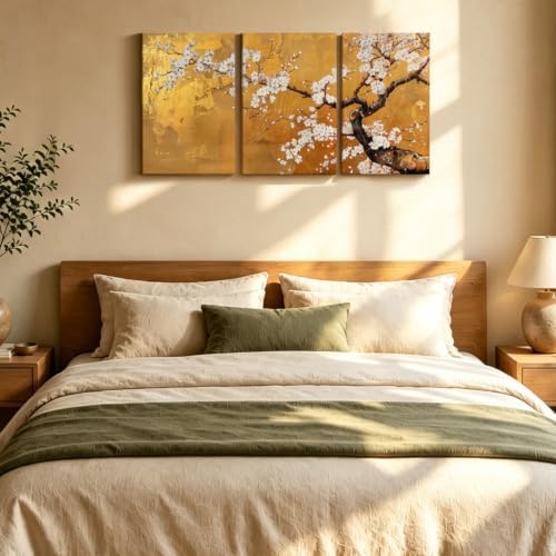 3 Pcs Japanese Golden Plum Blossom Flower Canvas Wall Art 16x24 Inches - Image 5