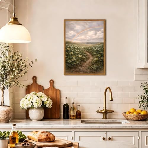 Framed Vintage Landscape Canvas Wall Art, Rustic Wildflower Field Rainbow - Image 6