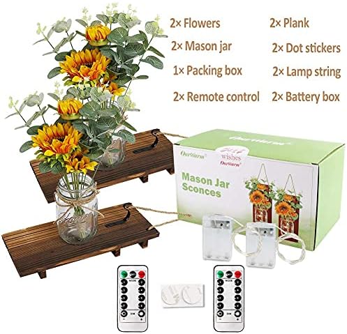 OurWarm Sunflowers Rustic Wall Sconces, Remote-Control Mason Jar Sconces - Image 2