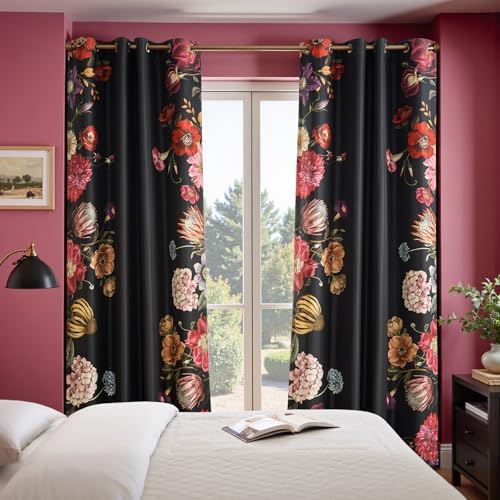 jinchan Black Floral Blackout Curtains 84 Inch Vintage Grommet 2 Panels - Image 5