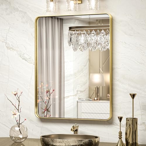 TokeShimi Bathroom Mirror for Wall 24 x 30 Inch Gold Brushed Brass Metal by TokeShimi