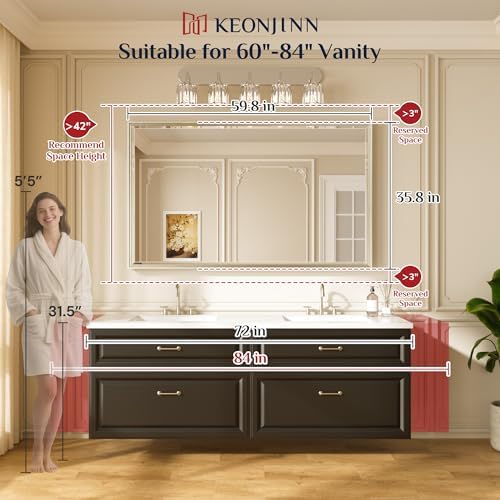 Keonjinn 60" x 36" Large Brushed Nickel Bathroom Mirror, Aluminum Alloy - Image 2