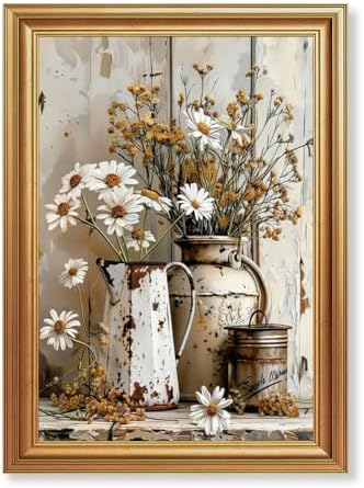 EJPFOGV Rustic Farmhouse Daisy Floral Framed Canvas Wall Art 16x24 inches by FramedCanvasWallArt