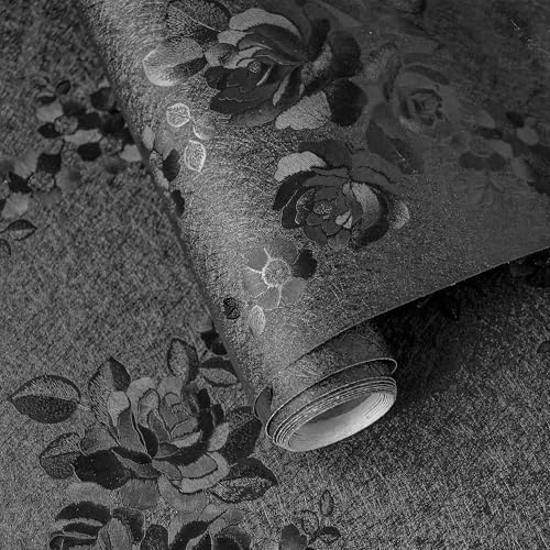 Black Peel and Stick Wallpaper Silk Embossed Floral 118in17.7in by VisitTheLativo