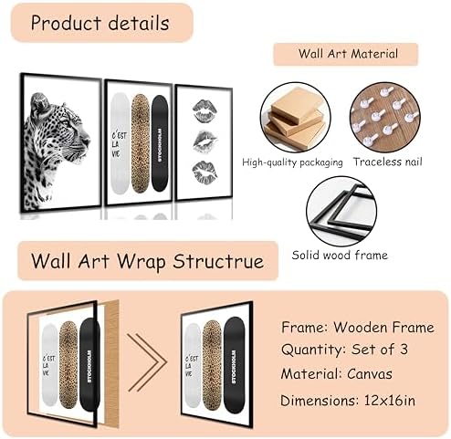 Framed Stockholm Style Canvas Wall Art Set of 3 Black and White Fashion Leopard - Image 3