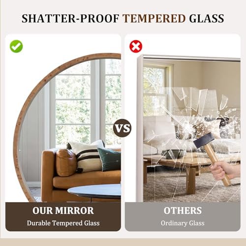 WallBeyond 32 Inch Round Wood Mirror, Burlwood Grain Wood Frame Circle Mirror - Image 6