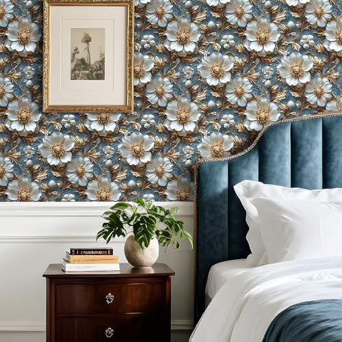 Livelynine Blue White Gold Wallpaper Peel and Stick Faux 3D Wallpaper Panels - Image 5