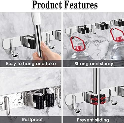 AceMining Broom Holder Wall Mount, 3 Racks 4 Hooks Heavy Duty Mop Organizer - Image 2