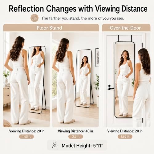 57x20" Full Length Mirror Floor Stand, Over the Door, Wall Mounted Black - Image 4
