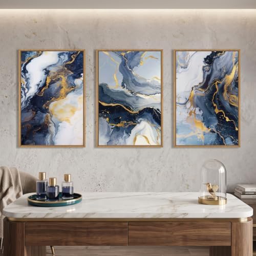 Abstract Navy Blue and Gold Framed Canvas Wall Art Set-16"x24"x3 - Image 2