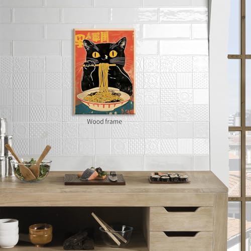 Framed Canvas Wall Art Posters Vintage Funny Black Cat Eating Ramen Unique - Image 6
