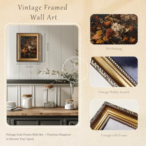 uniro Vintage Gold Framed Wall Art, Moody Dark Autumn Floral Wall Art Prints - Image 2