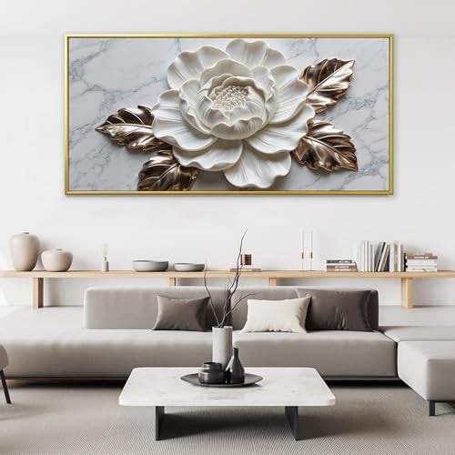 Suconvng Gold Framed Wall Art Living Room Home Wall Decor Modern White Flower - Image 4