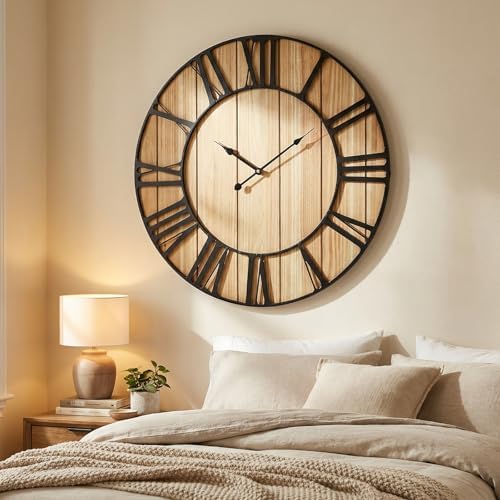 EMAX HOME Large Farmhouse Wall Clock 24 Inch Vintage Brown Wooden Wall Clock by EMAXHOME