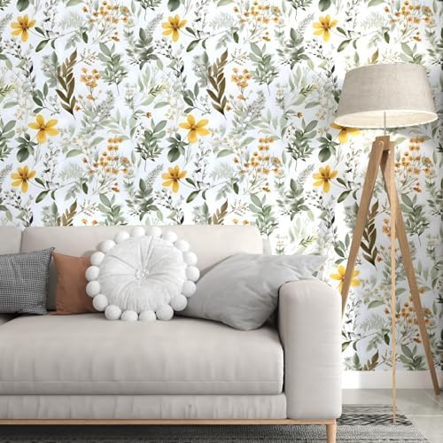 Laatse Vintage Green Yellow Floral Botanical Wallpaper 17.5"x118" - Image 2