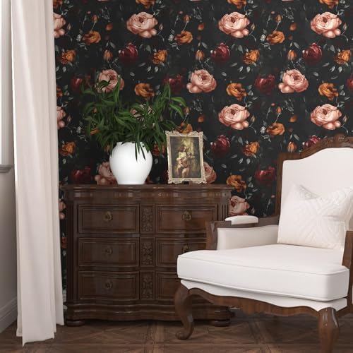 Laatse Gothic Black Orange Rose Floral Wallpaper Peel and Stick 17.5"x118" - Image 4