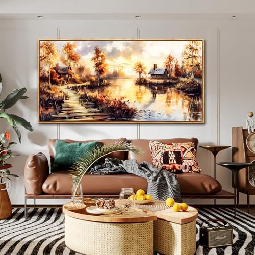 Large Framed Rustic Wall Decor Farmhouse Riverside Scenery Painting 30"X60" - Image 3