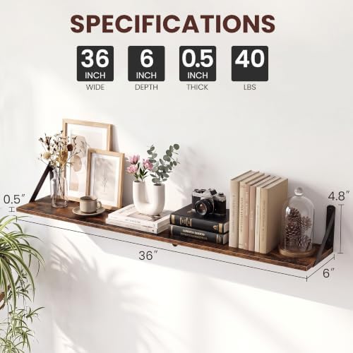 36 Inch Wall Shelves 6 Inch Deep, Rustic Brown - Image 3