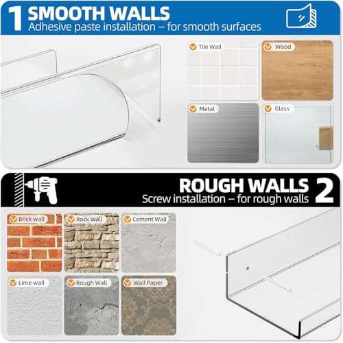 2 Pack Acrylic Shelves for Wall, 15 Inch Clear Adhesive Floating Shelf - Image 3