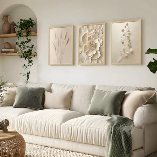 Hianan Wood Framed Neutral Beige Botanical Wall Art Set of 3, 12x16 in - Image 2