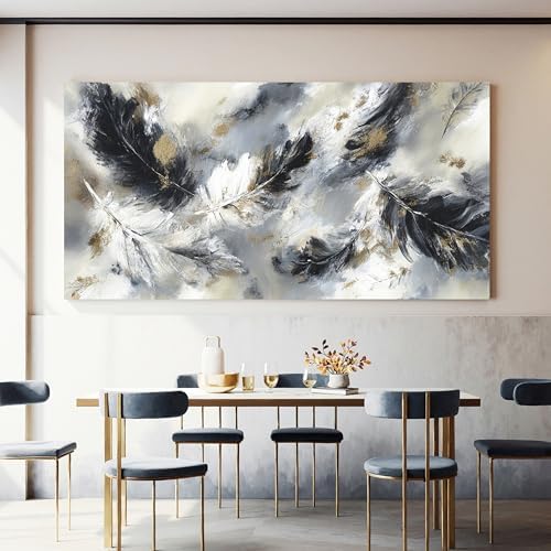 YISXINOAG Black White Abstract Wall Art Modern Feather Painting 29"X58" - Image 6