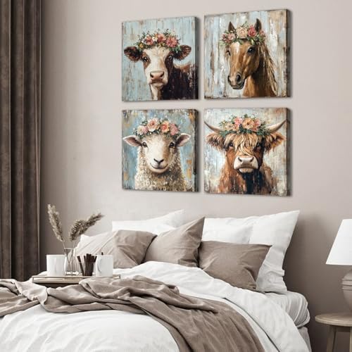 Animal Wall Art Highland Cow Wall Decor Rustic Flower Pictures Farmhouse Animal - Image 2