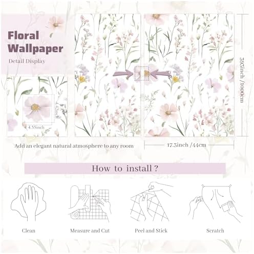 Floral Peel and Stick Wallpaper Boho Contact Paper 17.3"×393" - Image 2