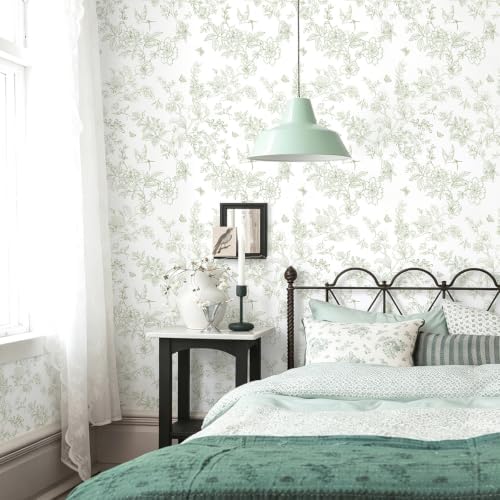 Froluya Green and White Peel and Stick Floral Wallpaper 17.7in×196.8in - Image 2